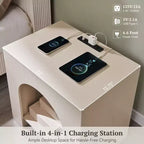 End Table Set of 2 – Brown/Cream White/Dark Gray/Natural, Modern Arched Style, with Charging Station