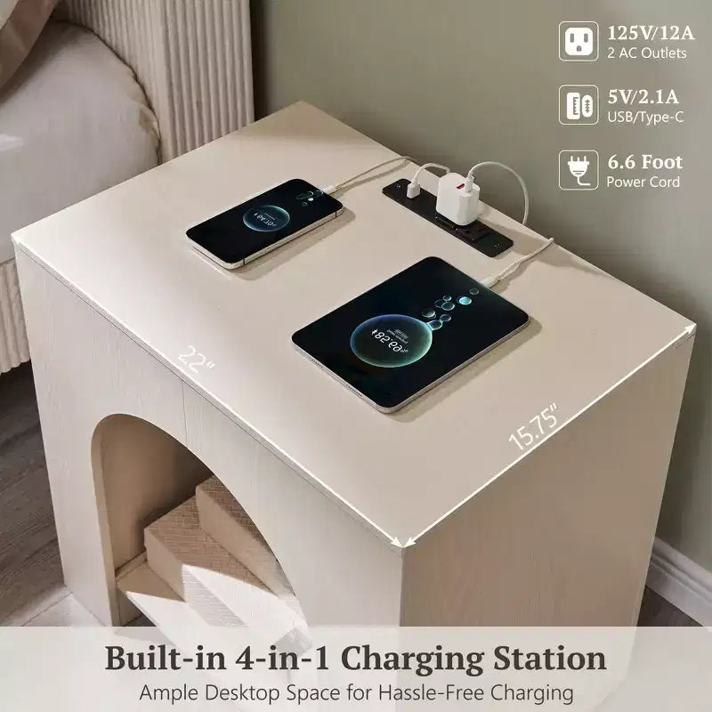 End Table Set of 2 – Brown/Cream White/Dark Gray/Natural, Modern Arched Style, with Charging Station