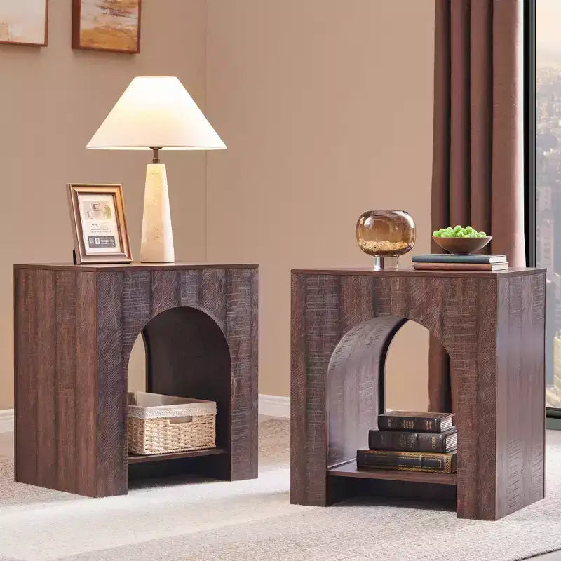 End Tables Set of 2 with Charging Station, 22 Modern Bedside Table with Arched Open Shelf, End Table with Storage for Living Room, Bedroom