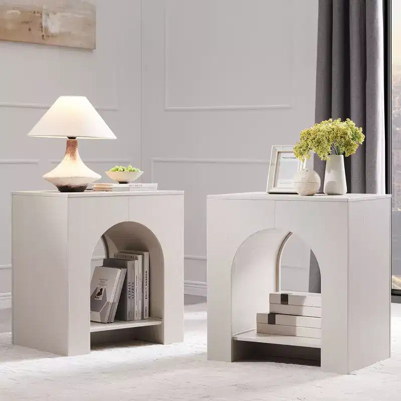 End Table Set of 2 – Brown/Cream White/Dark Gray/Natural, Modern Arched Style, with Charging Station