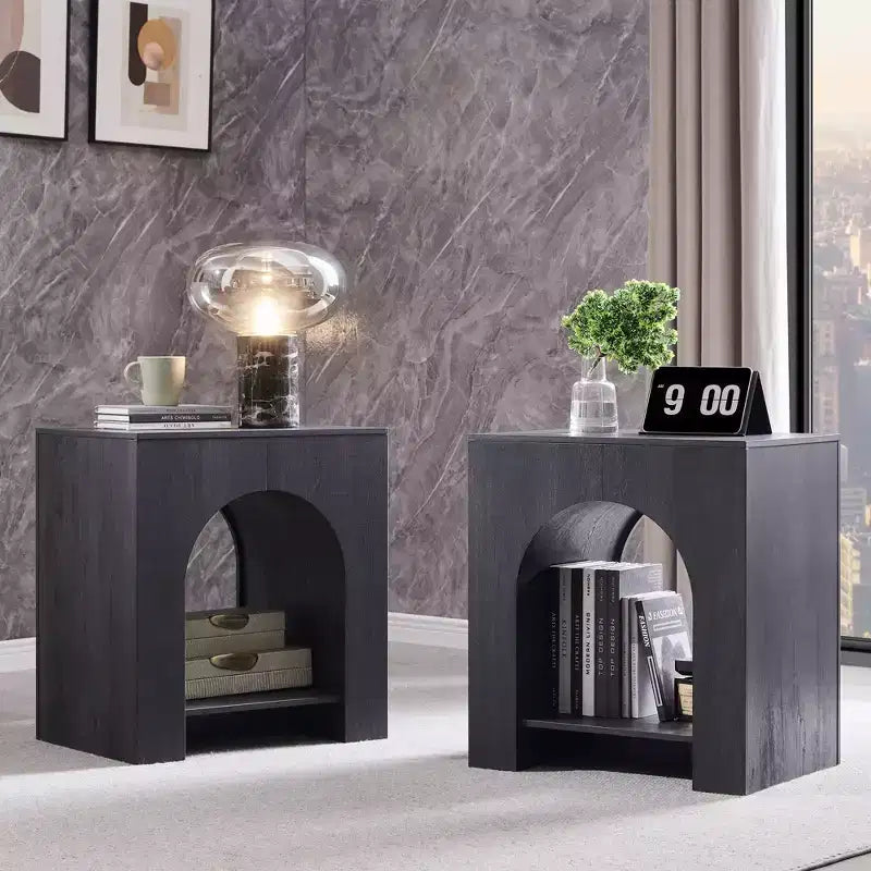 End Table Set of 2 – Brown/Cream White/Dark Gray/Natural, Modern Arched Style, with Charging Station