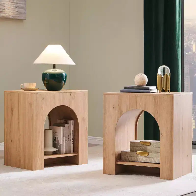 End Table Set of 2 – Brown/Cream White/Dark Gray/Natural, Modern Arched Style, with Charging Station