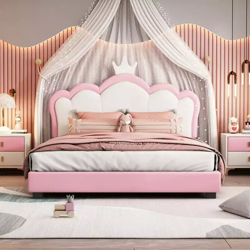 Full Upholstered Princess Bed with Crown Headboard, Platform Bed with Headboard and Footboard, Cream and Pink