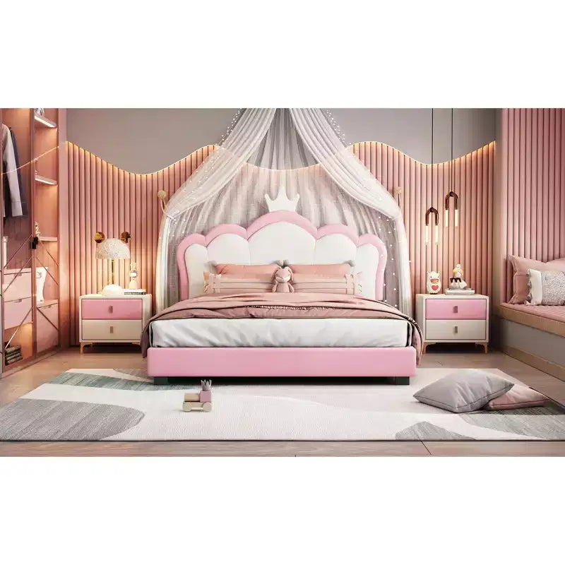 Cream & Pink Crown Headboard Platform Bed, Full Size, 1-Person (Kids)