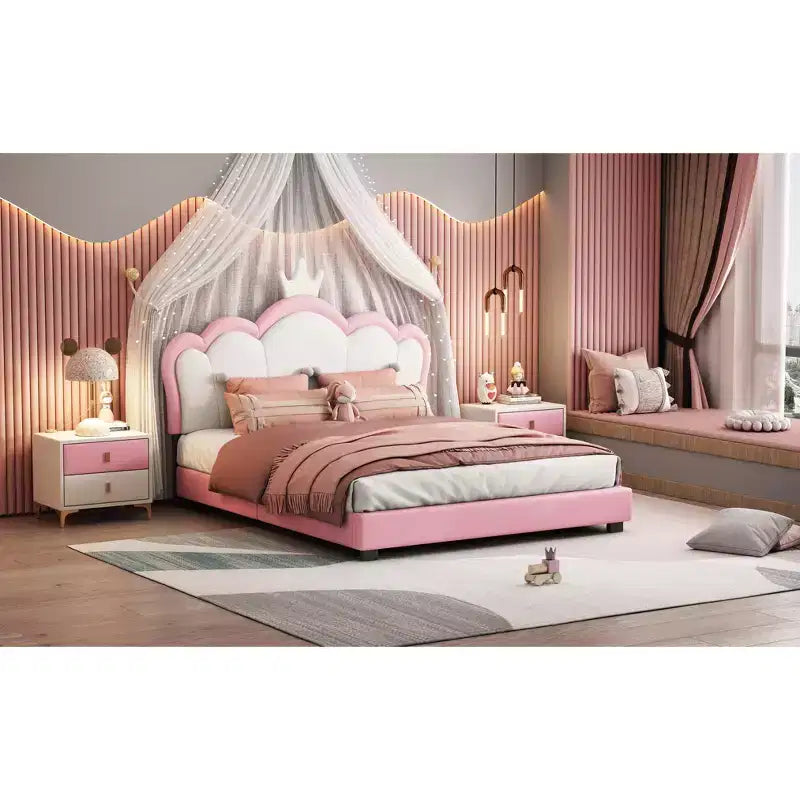 Cream & Pink Crown Headboard Platform Bed, Full Size, 1-Person (Kids)