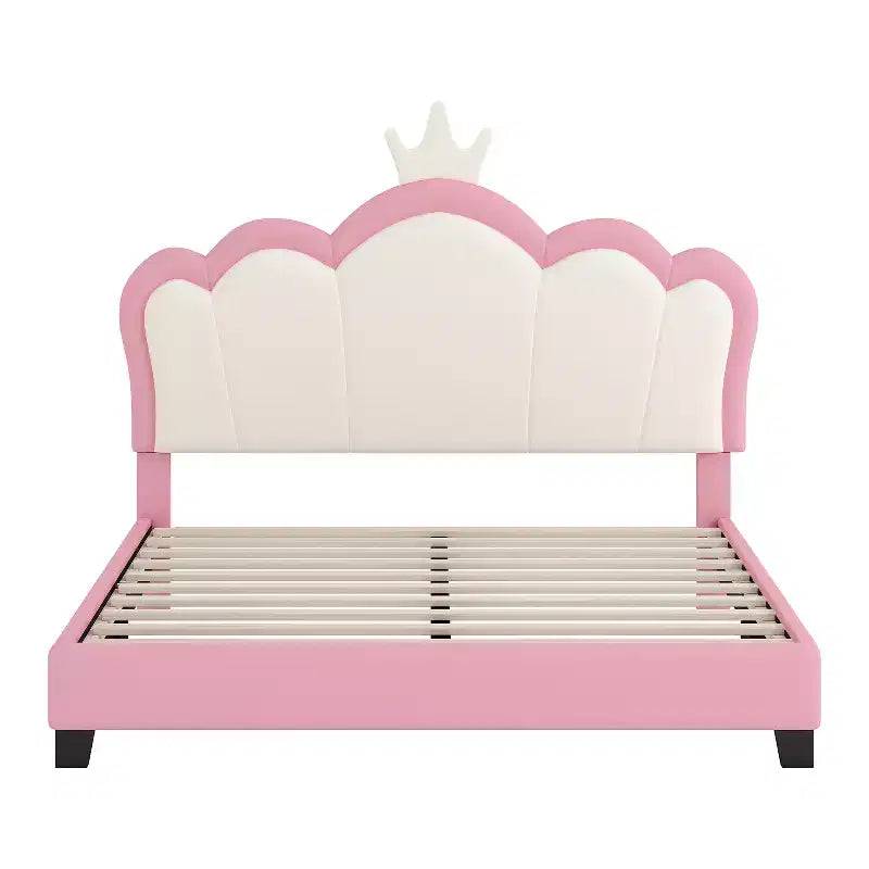 Cream & Pink Crown Headboard Platform Bed, Full Size, 1-Person (Kids)