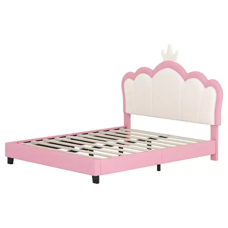 Cream & Pink Crown Headboard Platform Bed, Full Size, 1-Person (Kids)