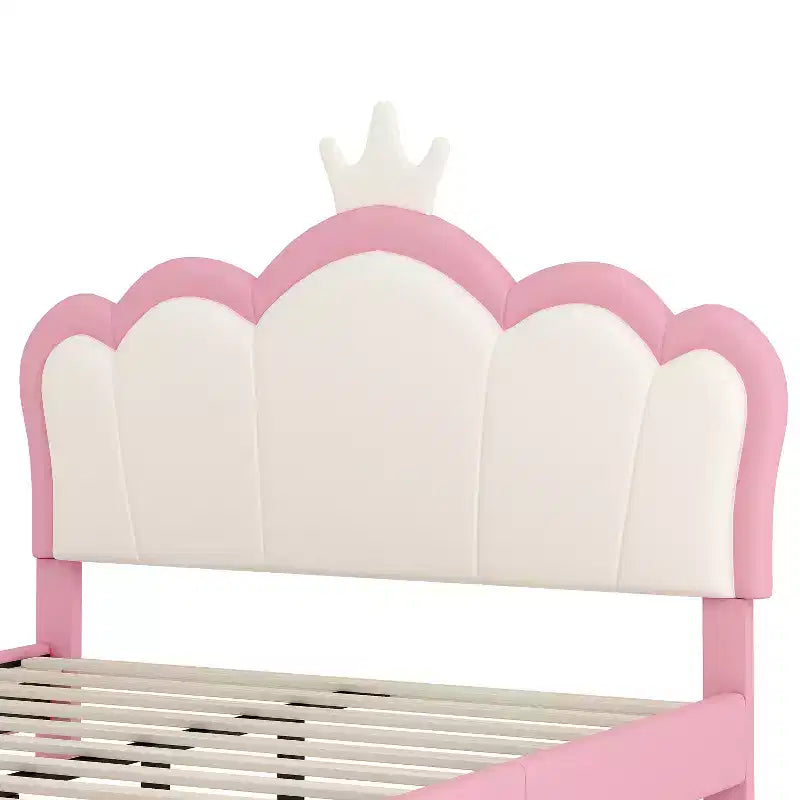 Cream & Pink Crown Headboard Platform Bed, Full Size, 1-Person (Kids)