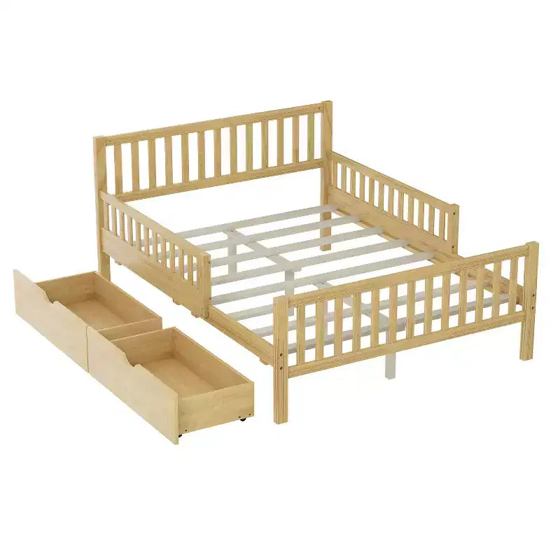 Natural Wood Full Platform Bed with Guardrails & 2 Storage Drawers, 1-Person