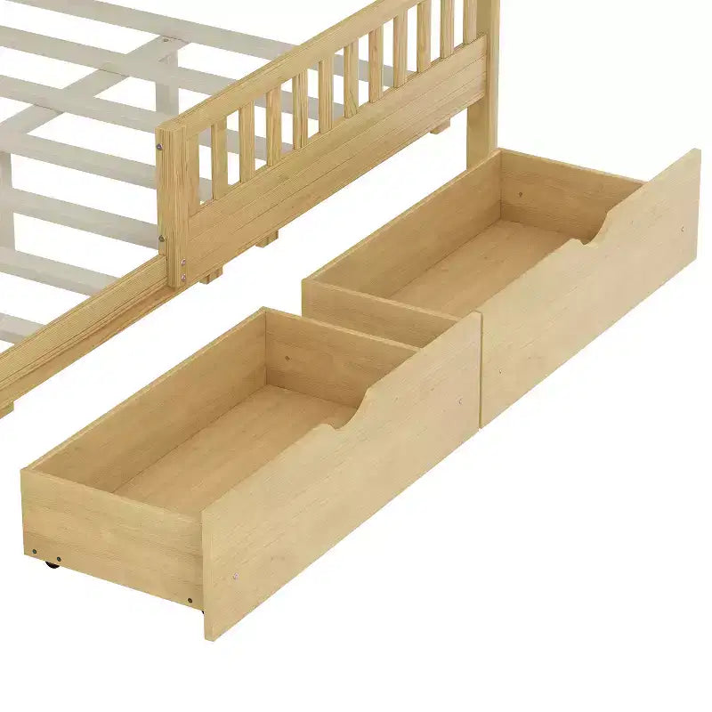 Natural Wood Full Platform Bed with Guardrails & 2 Storage Drawers, 1-Person