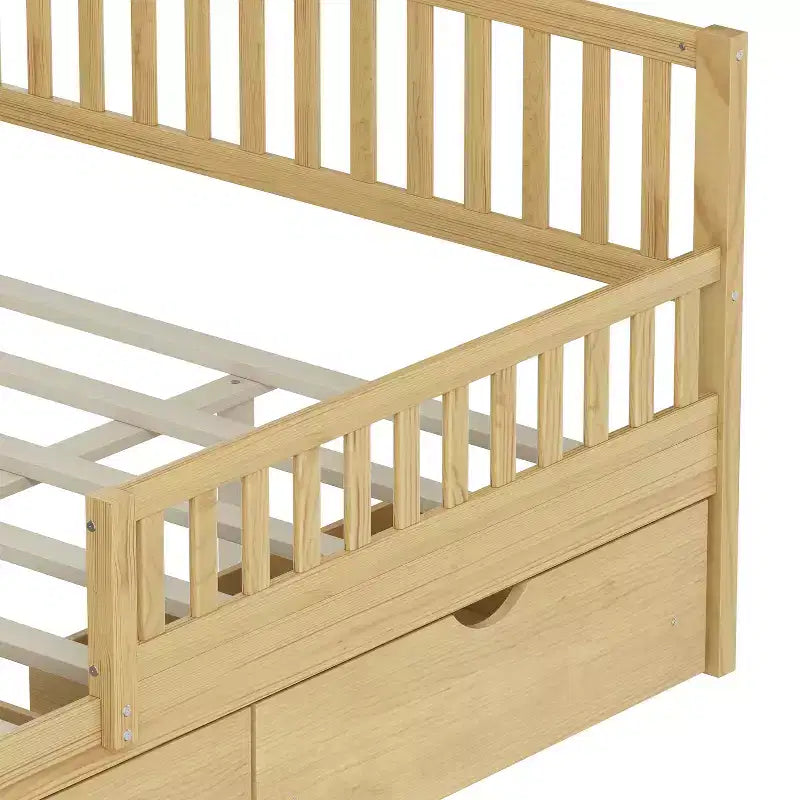 Natural Wood Full Platform Bed with Guardrails & 2 Storage Drawers, 1-Person