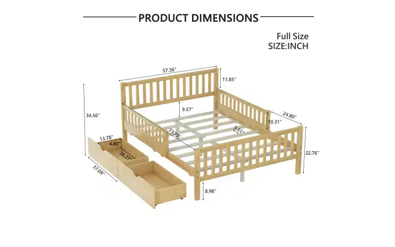 Natural Wood Full Platform Bed with Guardrails & 2 Storage Drawers, 1-Person