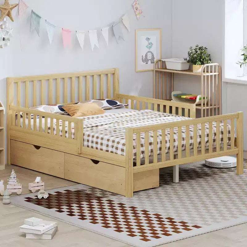 Natural Wood Full Platform Bed with Guardrails & 2 Storage Drawers, 1-Person