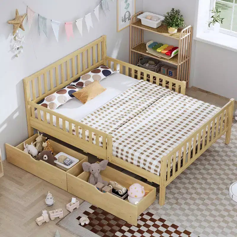 Natural Wood Full Platform Bed with Guardrails & 2 Storage Drawers, 1-Person