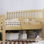 Natural Wood Full Platform Bed with Guardrails & 2 Storage Drawers, 1-Person