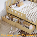 Natural Wood Full Platform Bed with Guardrails & 2 Storage Drawers, 1-Person