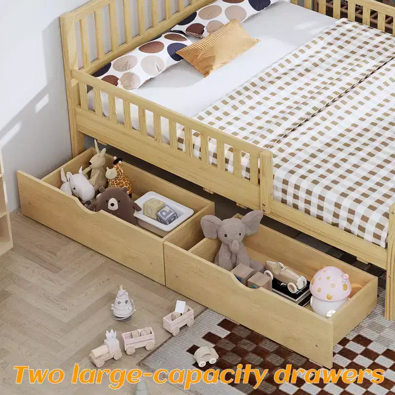 Natural Wood Full Platform Bed with Guardrails & 2 Storage Drawers, 1-Person