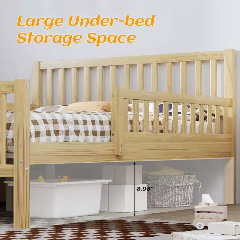 Natural Wood Full Platform Bed with Guardrails & 2 Storage Drawers, 1-Person