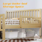 Natural Wood Full Platform Bed with Guardrails & 2 Storage Drawers, 1-Person