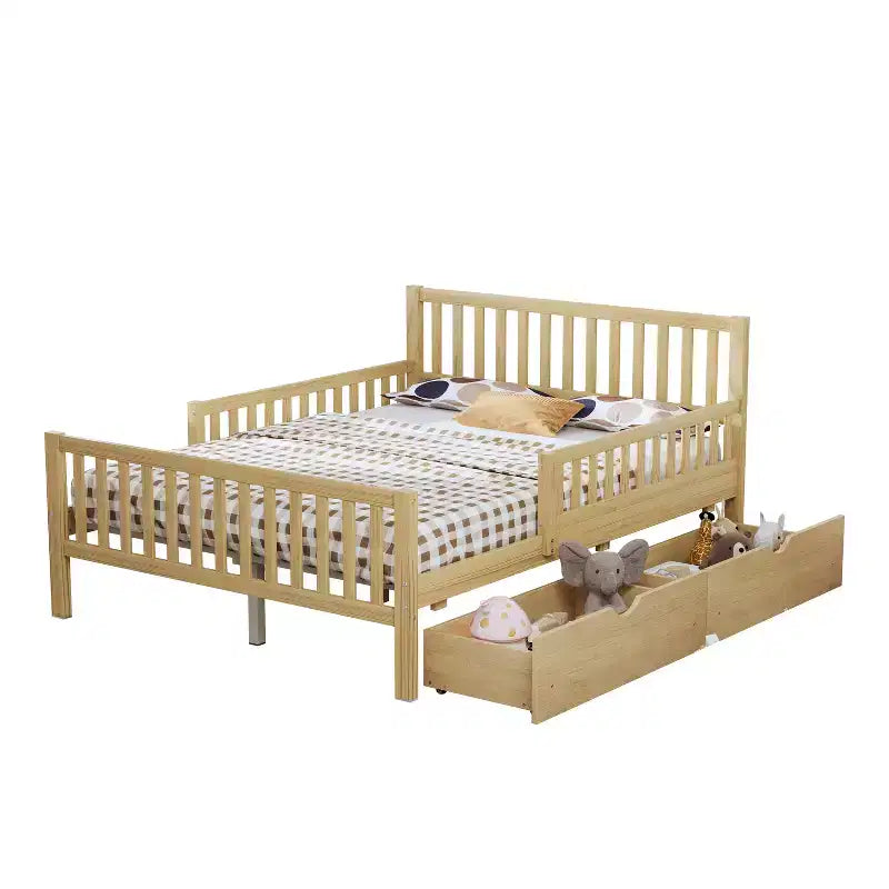 Natural Wood Full Platform Bed with Guardrails & 2 Storage Drawers, 1-Person