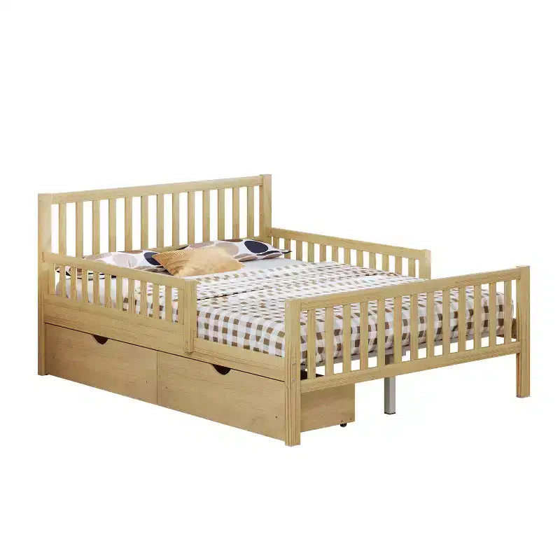 Natural Wood Full Platform Bed with Guardrails & 2 Storage Drawers, 1-Person