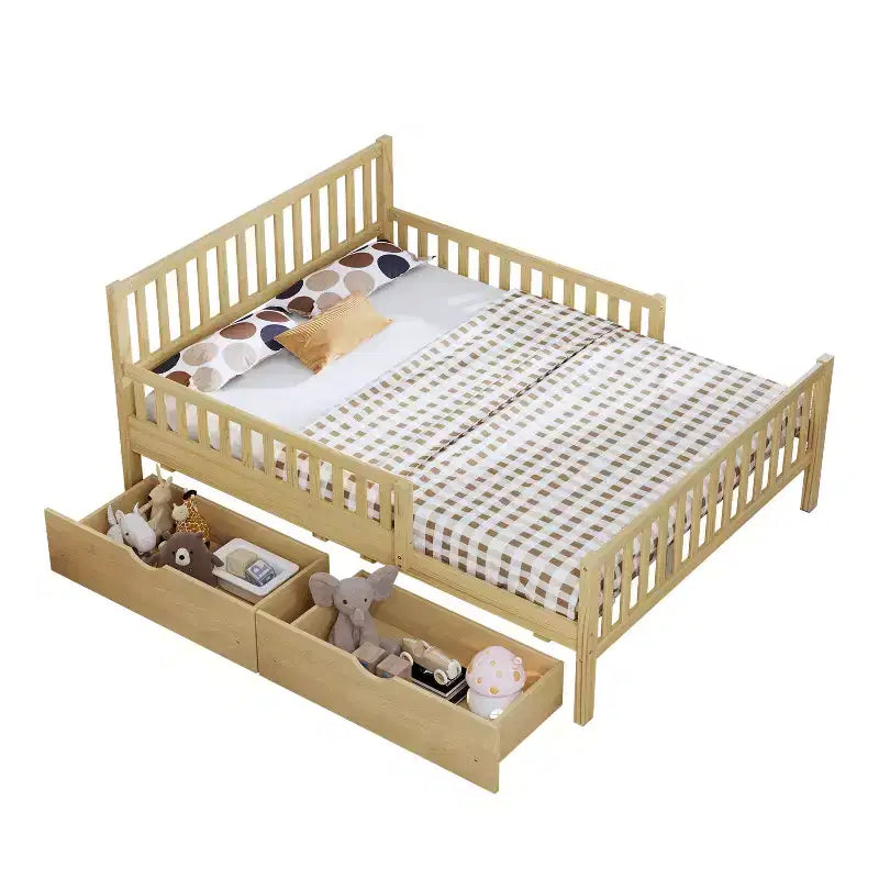 Natural Wood Full Platform Bed with Guardrails & 2 Storage Drawers, 1-Person