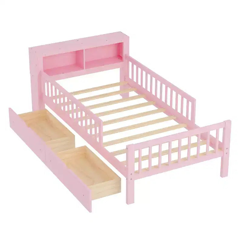 Pink Twin Platform Bed with Storage Headboard, Under-Bed Drawers and Guardrails, Single
