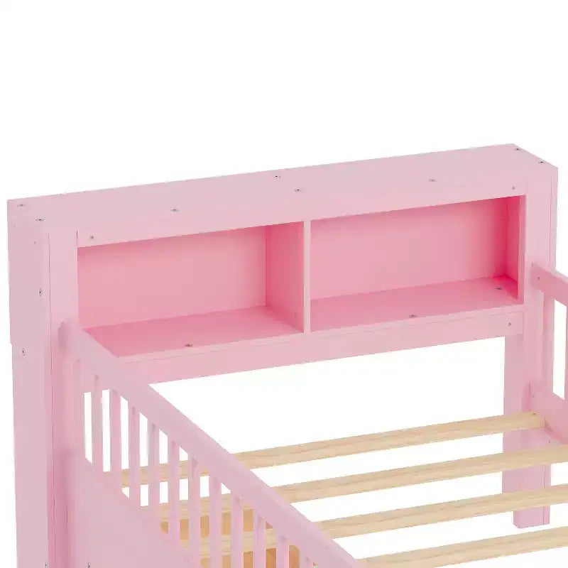 Pink Twin Platform Bed with Storage Headboard, Under-Bed Drawers and Guardrails, Single