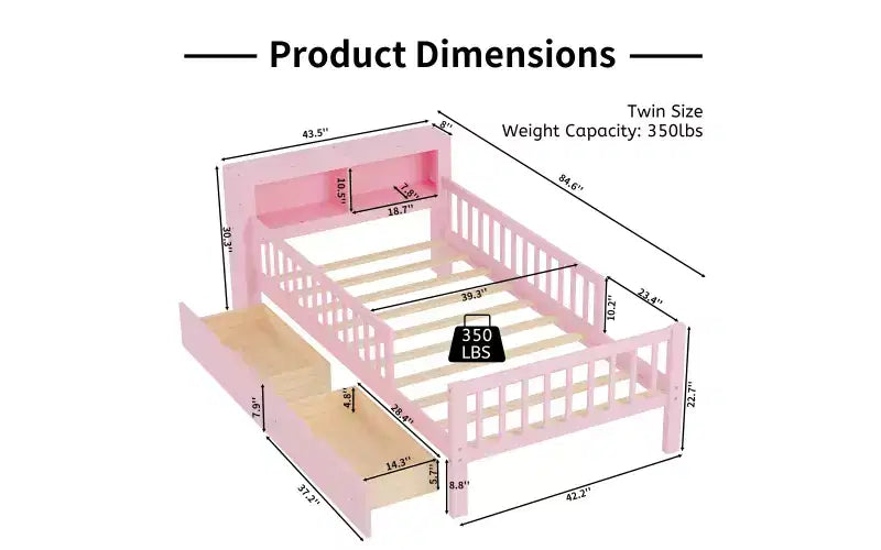 Pink Twin Platform Bed with Storage Headboard, Under-Bed Drawers and Guardrails, Single