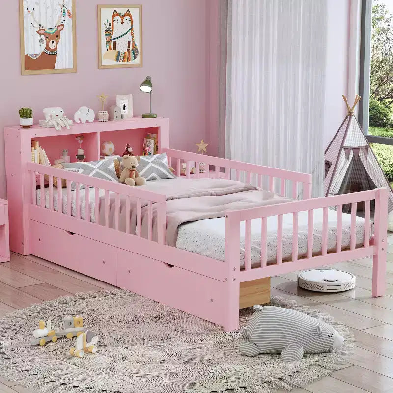 Pink Twin Platform Bed with Storage Headboard, Under-Bed Drawers and Guardrails, Single