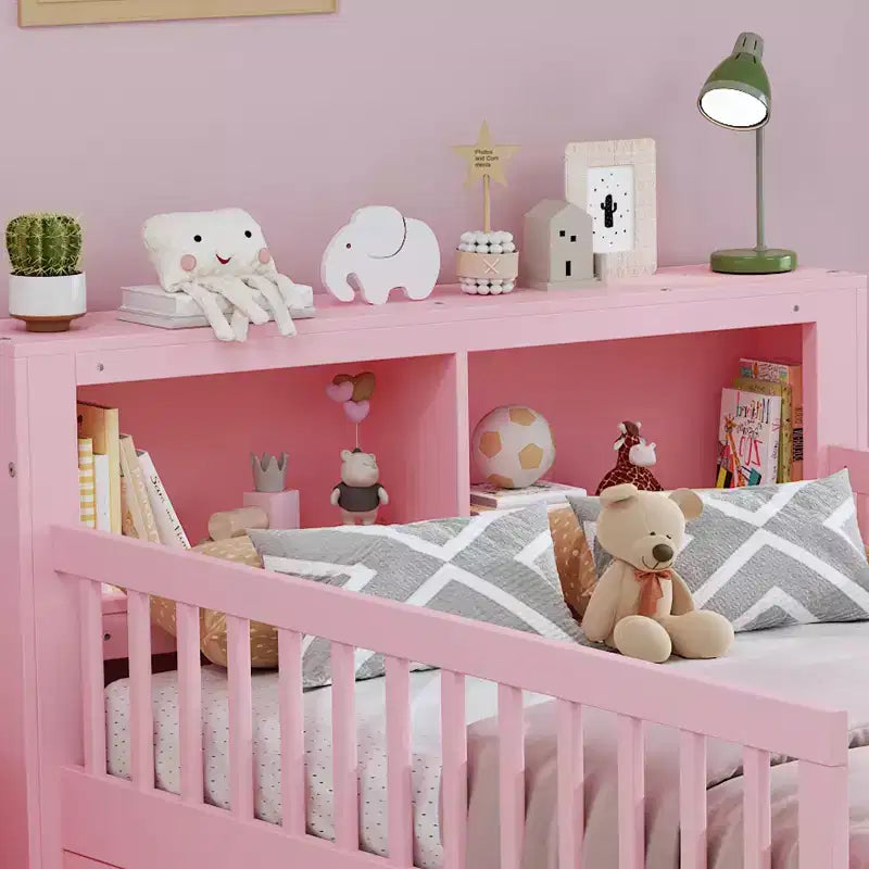 Pink Twin Platform Bed with Storage Headboard, Under-Bed Drawers and Guardrails, Single