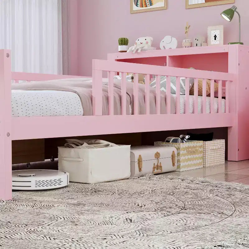 Pink Twin Platform Bed with Storage Headboard, Under-Bed Drawers and Guardrails, Single