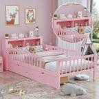 Pink Twin Platform Bed with Storage Headboard, Under-Bed Drawers and Guardrails, Single