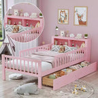 Pink Twin Platform Bed with Storage Headboard, Under-Bed Drawers and Guardrails, Single
