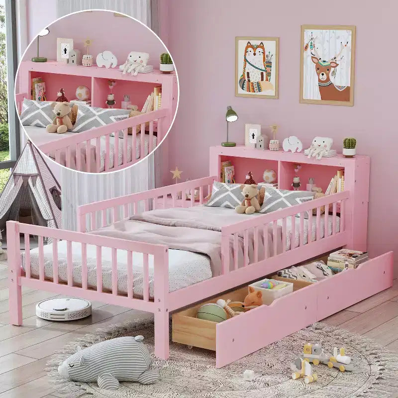 Pink Twin Platform Bed with Storage Headboard, Under-Bed Drawers and Guardrails, Single