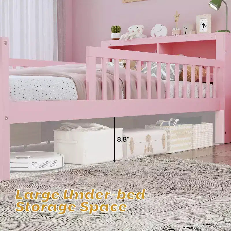 Pink Twin Platform Bed with Storage Headboard, Under-Bed Drawers and Guardrails, Single