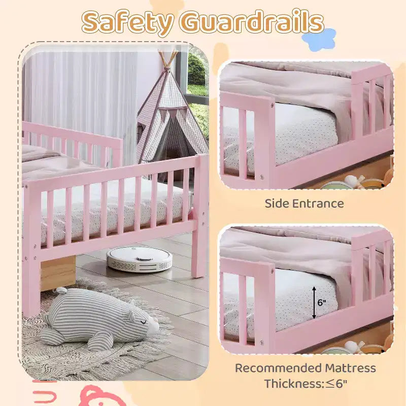 Pink Twin Platform Bed with Storage Headboard, Under-Bed Drawers and Guardrails, Single