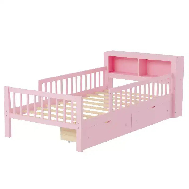 Pink Twin Platform Bed with Storage Headboard, Under-Bed Drawers and Guardrails, Single