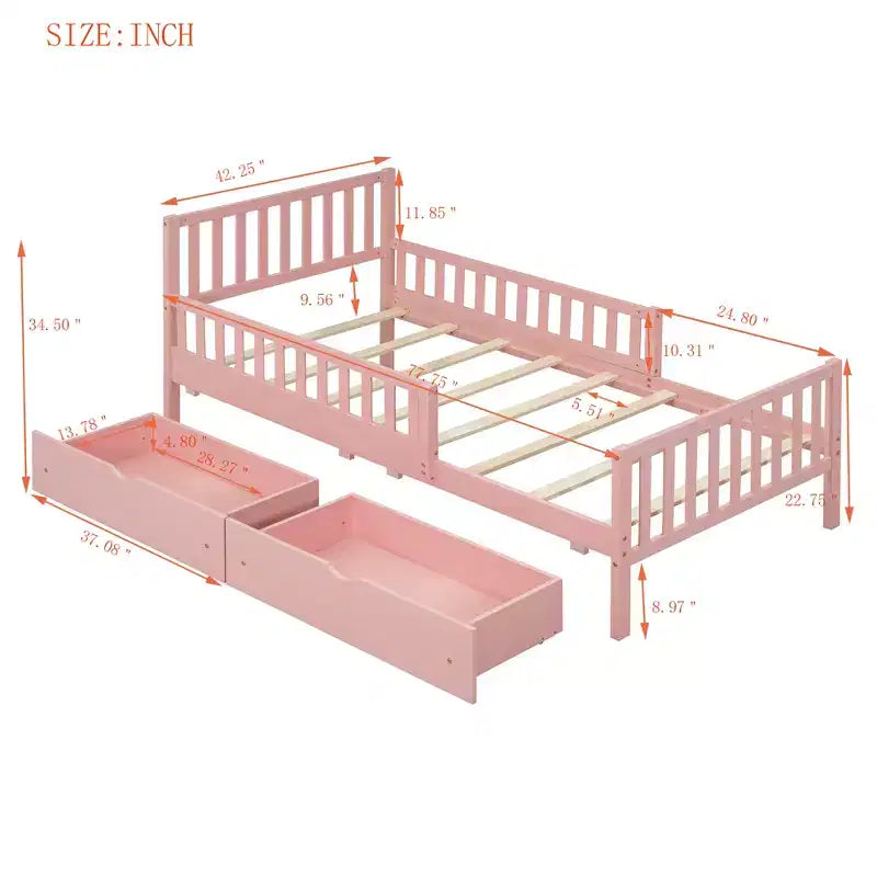 Pink Twin Platform Bed with Guardrails & 2 Storage Drawers, 1-Person