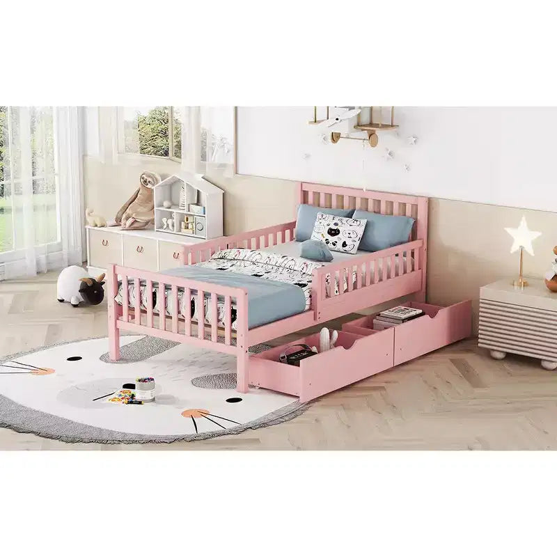 Pink Twin Platform Bed with Guardrails & 2 Storage Drawers, 1-Person