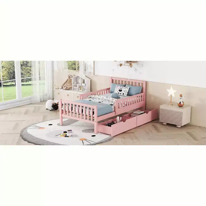 Pink Twin Platform Bed with Guardrails & 2 Storage Drawers, 1-Person
