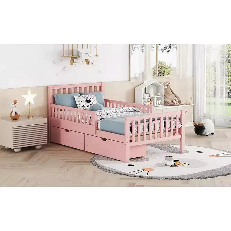 Pink Twin Platform Bed with Guardrails & 2 Storage Drawers, 1-Person