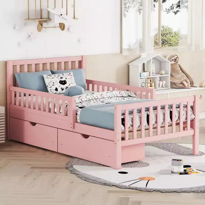 Pink Twin Platform Bed with Guardrails & 2 Storage Drawers, 1-Person