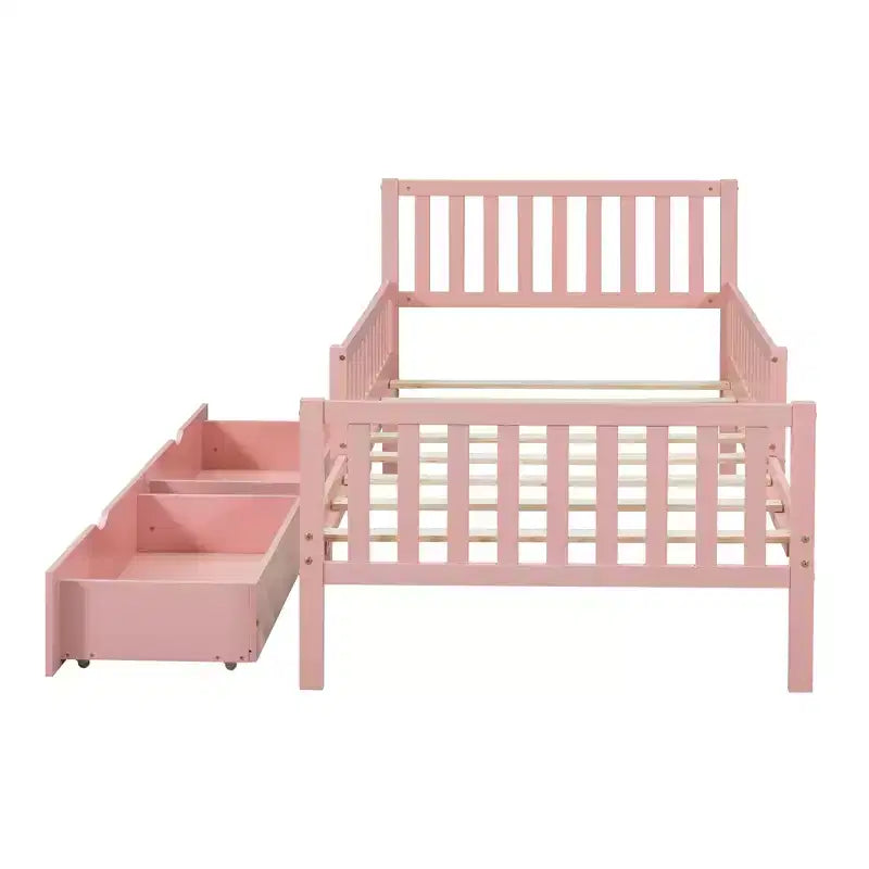 Pink Twin Platform Bed with Guardrails & 2 Storage Drawers, 1-Person