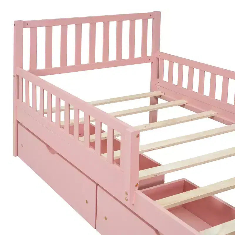 Pink Twin Platform Bed with Guardrails & 2 Storage Drawers, 1-Person