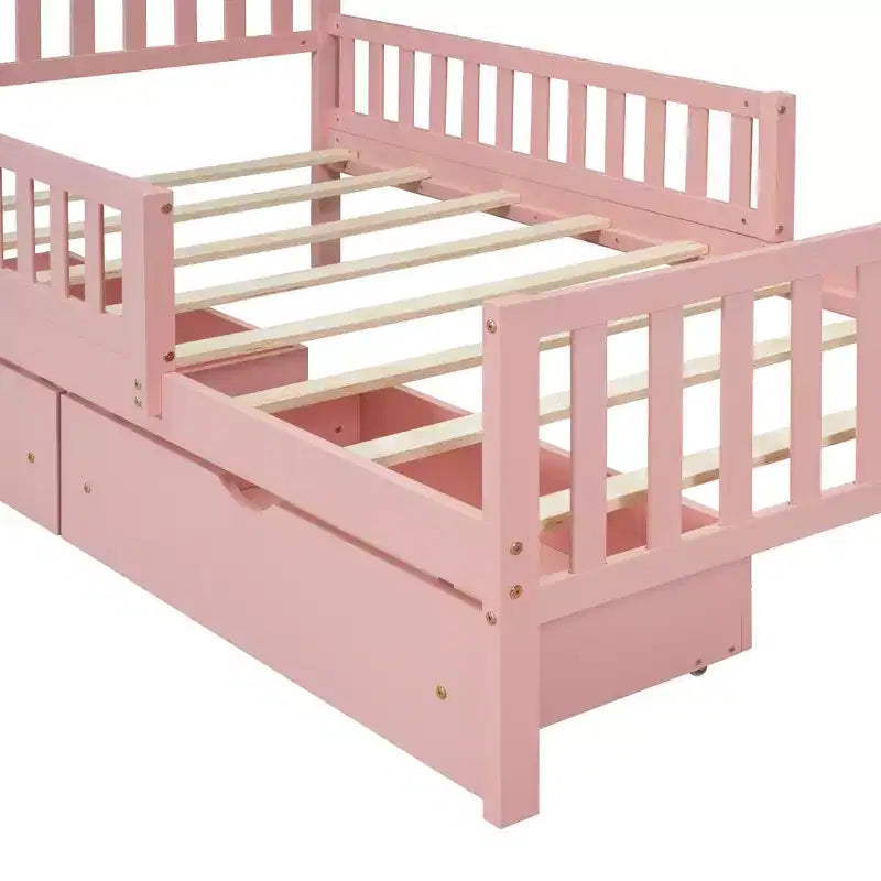 Pink Twin Platform Bed with Guardrails & 2 Storage Drawers, 1-Person