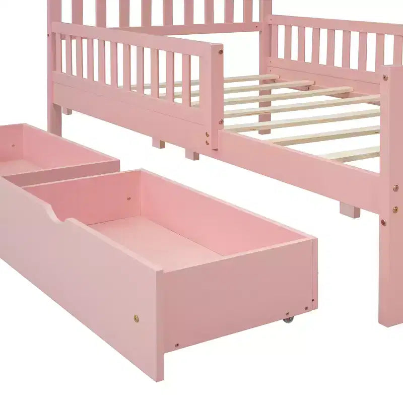 Pink Twin Platform Bed with Guardrails & 2 Storage Drawers, 1-Person