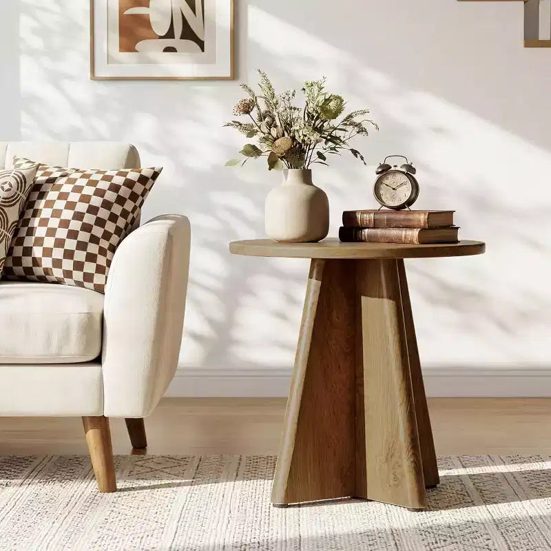 Brown Oak Round End Table, Pedestal Base, 1–2 Person Use