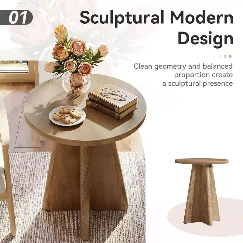 Brown Oak Round End Table, Pedestal Base, 1–2 Person Use