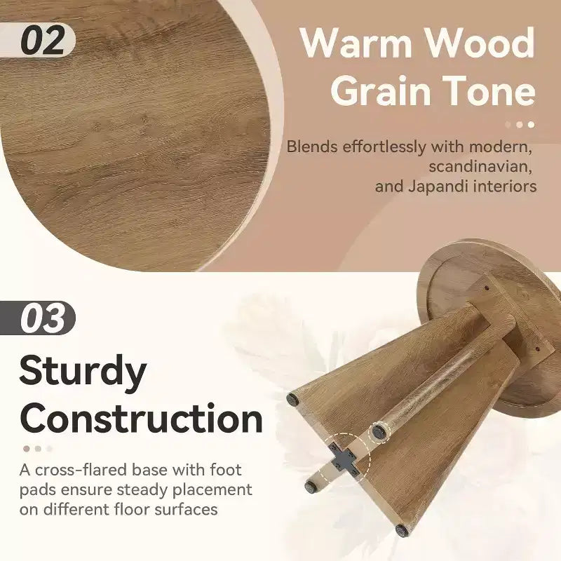 Brown Oak Round End Table, Pedestal Base, 1–2 Person Use